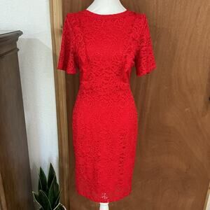 NWT Red Lace Overlay Stretch Bodycon Sheath Flutter Sleeve F&F Pinup Holiday